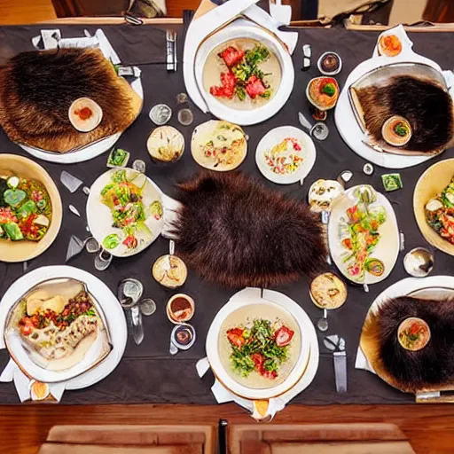 Prompt: a banquet table filled with food made out of hair and fur