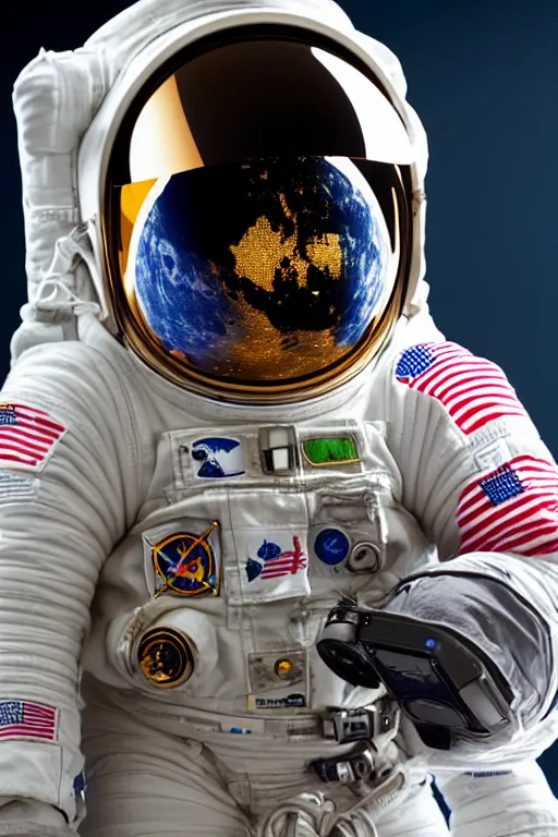 Prompt: extremely detailed studio portrait of space astronaut, holds a smart phone in one hand, phone!! held up to visor, reflection of phone in visor, moon, extreme close shot, soft light, golden glow, award winning photo by eolo perfido