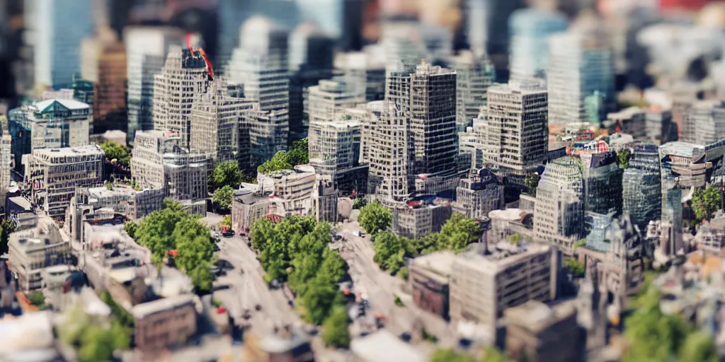 Image similar to a miniature diorama of downtown montreal, macro photography, tilt shift