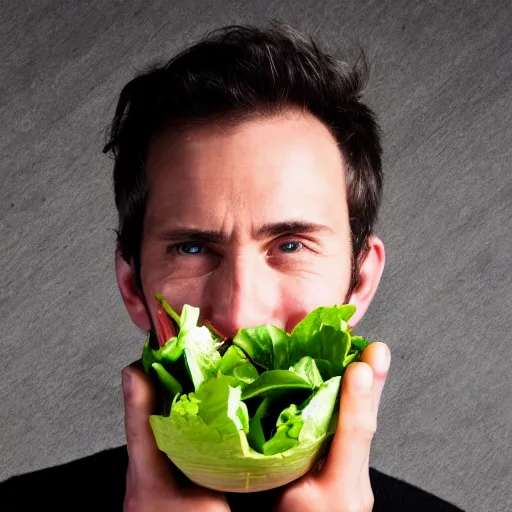 Image similar to close up headshot of a sad man eating salad, stock photograph, studio lighting, 4k, beautiful symmetric face, beautiful gazing eyes