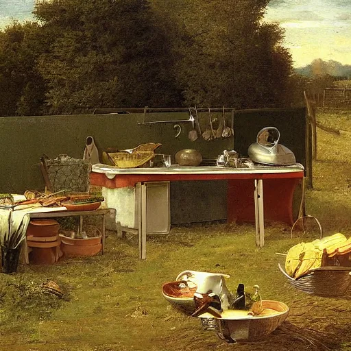 Prompt: a tidy outdoor kitchen on a field by aertsen pieter