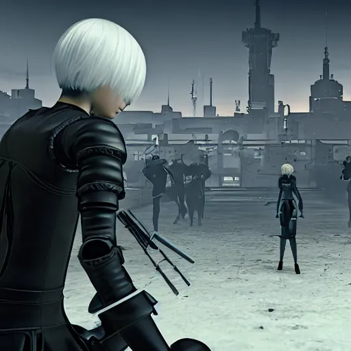 Prompt: a very high resolution image from nier : automata, featuring 9 s android fighting russian invaders in ukraine