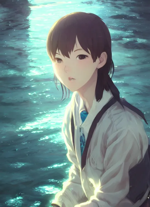 Prompt: a portrait of water - kun, intricate, tone mapped, ambient lighting, highly detailed, digital painting, artstation, concept art, 4 k, god rays, stunning beautiful, glowing eyes, sharp focus, by makoto shinkai and akihiko yoshida and hidari and wlop