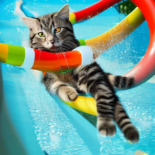 Prompt: cat sliding down a water slide, water park, cat having fun, cute, water splashes, pool, by Mateusz Urbanowicz, 8k character concept art, by WLOP, rainbow magic particles, cinematic lighting, trending on artstation, symmetrical portrait symmetrical, highly detailed CGsociety, hyper