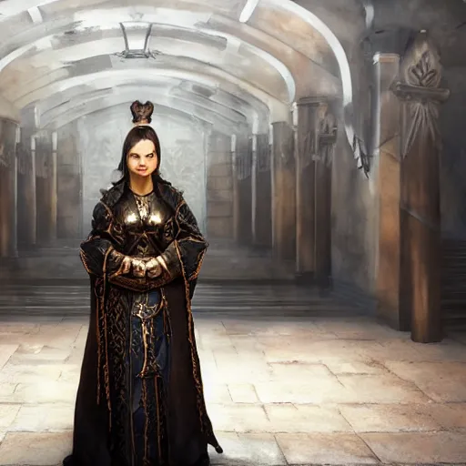 Image similar to the elder scrolls vi, charismatic regal black haired female jarl, portrait, exquisitely designed throne room, atmospheric lighting, painted, intricate, volumetric lighting, beautiful, daytime, slightly sunny weather, sharp focus, deep colours, ultra detailed, golden hour by leesha hannigan, ross tran, thierry doizon, kai carpenter, ignacio fernandez rios