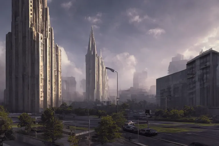 Image similar to streetscape, a towering cathedral of brutalist architecture, buildings covered with greebles, stunning volumetric light, sunset, metal, concrete and translucent material, stunning skies, majestic landscape, trending on Artstation, 8k, photorealistic, hyper detailed, unreal engine 5, IMAX quality, cinematic, epic lighting, in the style of Greg Rutkowski