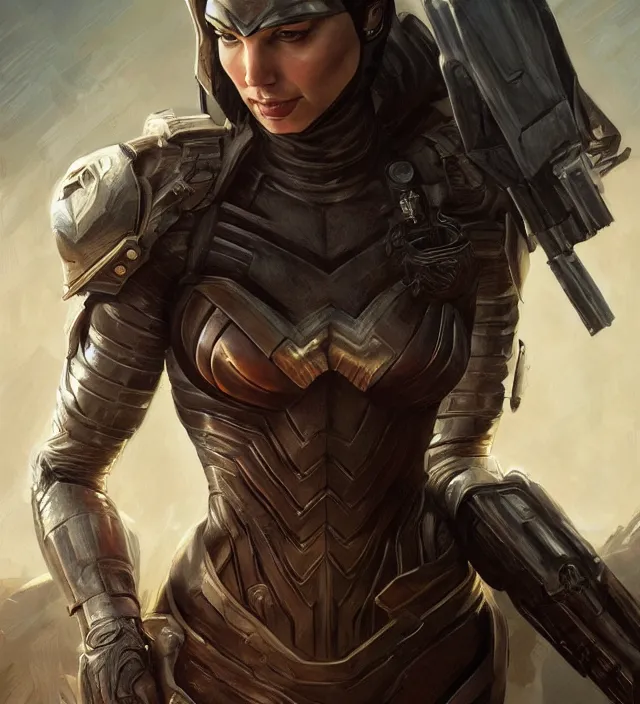 Image similar to detailed portrait of gal gadot as doomguy, attractive, beautiful, fantasy, intricate, elegant, highly detailed, digital painting, artstation, concept art, matte, sharp focus, illustration, art by aenaluck, artgerm and roberto ferri and greg rutkowski, epic fantasy, digital painting