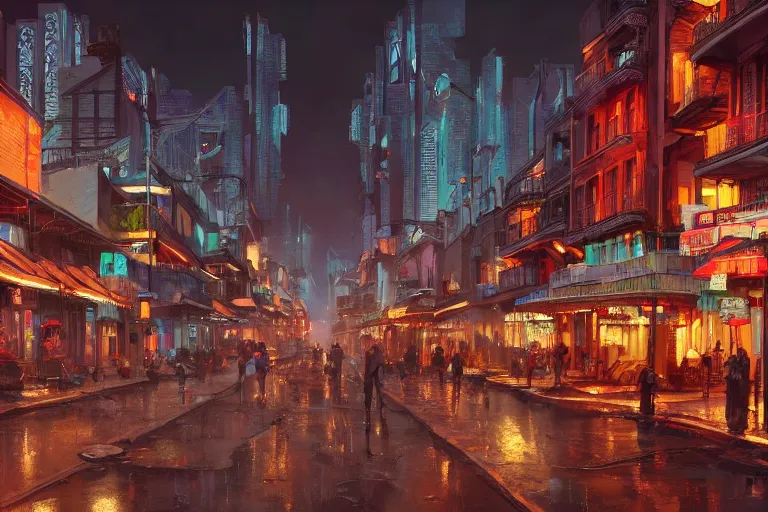 Prompt: a beautiful digital matte painting of futuristic cyberpunk french quarter, new orleans, by eddie mendoza and david lozeau and raphael lacoste and laurie greasley, 8 k, detailed, artstation,
