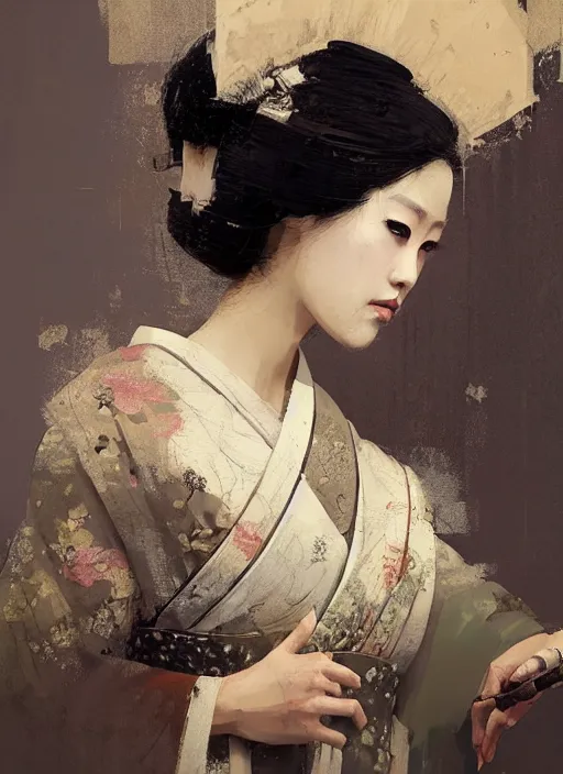 Image similar to female geisha girl, beautiful face, rule of thirds, intricate outfit, by greg rutkowski, by jeremy mann, digital painting