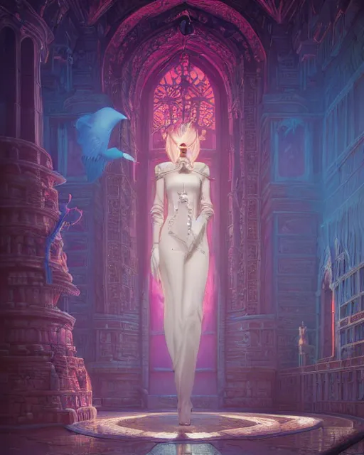 Image similar to highly detailed surreal vfx portrait of a female candypunk mage in a majestic castle by golden tree, stephen bliss, unreal engine, greg rutkowski, loish, rhads, beeple, makoto shinkai and lois van baarle, ilya kuvshinov, rossdraws, tom bagshaw, alphonse mucha, global illumination, detailed and intricate environment