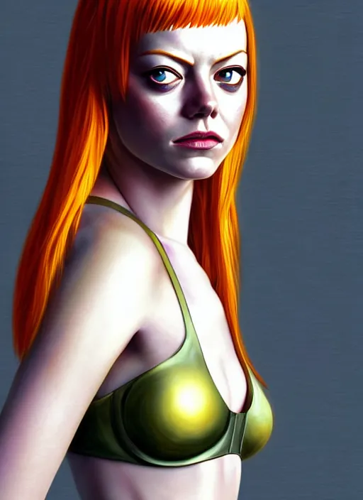 Image similar to portrait of Emma Stone as Leeloo from the fifth element as a character in Cyberpunk 2077, looking at camera, intricate, long blond hair, elegant, sci-fi, extremely detailed, digital painting, artstation, concept art, smooth, sharp focus, illustration, ambient lighting, incredible art by artgerm and greg rutkowski and alphonse mucha and simon stalenhag