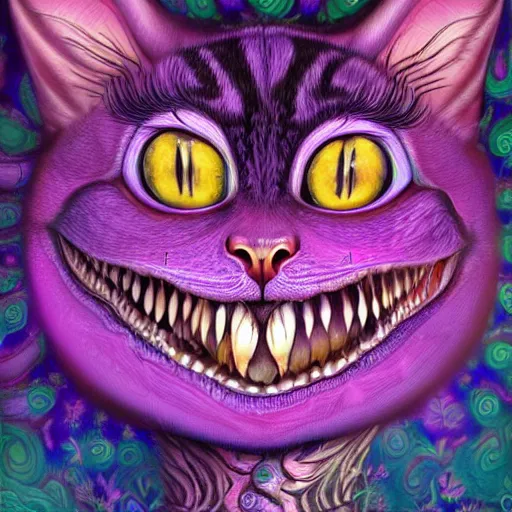 Image similar to An extremely psychedelic portrait of The Cheshire Cat, surreal, LSD, face, detailed, intricate, elegant, lithe, highly detailed, digital painting, artstation, concept art, smooth, sharp focus, illustration