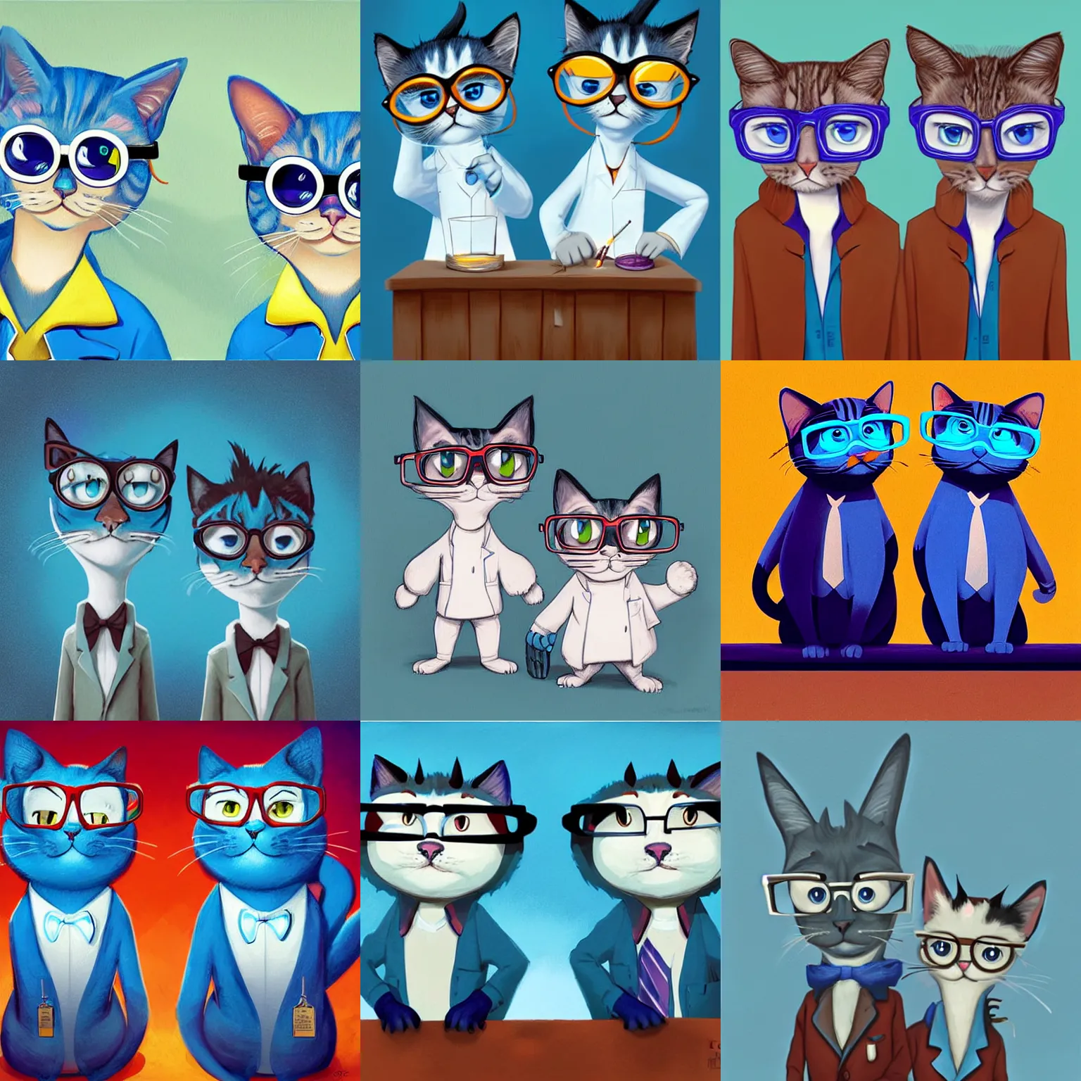 Prompt: painting by cory loftis of a pair of blue scientist cats wearing glasses