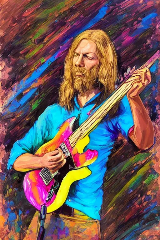 Image similar to a professional painting of Duane Allman, in brightly colored psychedelic shirt, playing a guitar, long hair, beautiful bone structure, symmetrical facial features, intricate, elegant, digital painting, concept art, smooth, sharp focus, illustration, from StarCraft by Ruan Jia and Mandy Jurgens and Artgerm and William-Adolphe Bouguerea, epic, stunning, gorgeous, intricate detail, much wow, ultra realistic, photorealism, 4K, masterpiece, trending on artstation