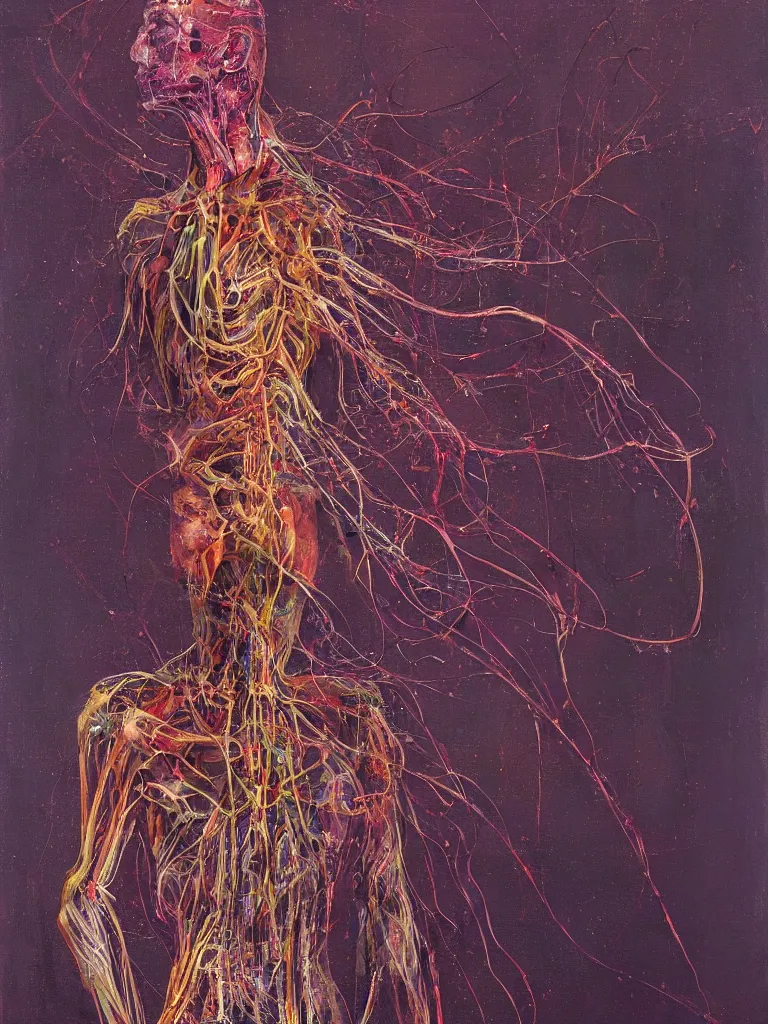 Prompt: a beautiful glitched painting by robert proch of an anatomy study of the human nervous system, color bleeding, pixel sorting, copper oxide and rust materials, brushstrokes by jeremy mann, cold top lighting, pastel purple background