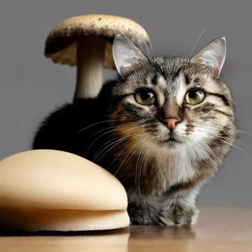 Image similar to a small domestic housecat with a thin mushroom growing atop its head