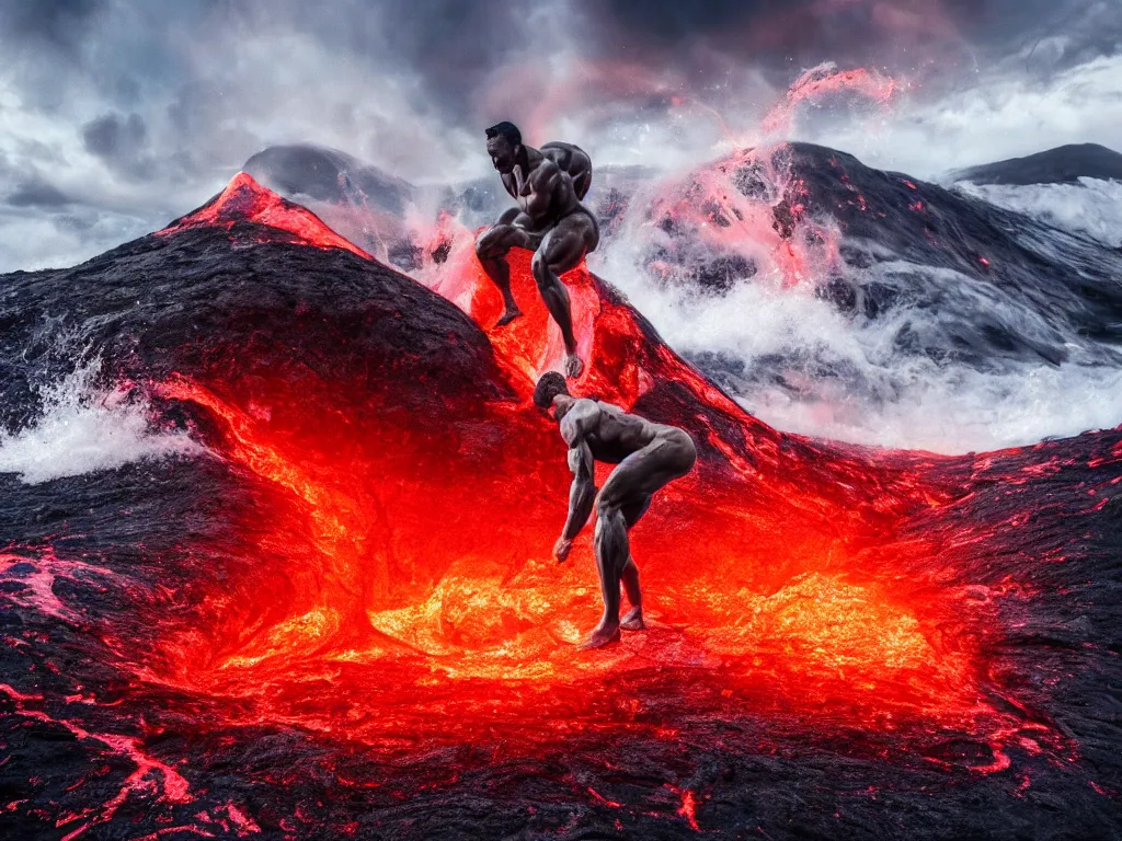 Image similar to portrait of a bodybuilder on surfing board inside erupting volcano, lava splashes, stunning scene, 8 k, extremely detailed digital painting, depth, bright colors, trending on artstation