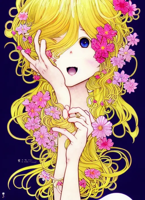 Image similar to exquisite imaginative manga poster art of a smiley girl, long wavy hair, stars, flowers, uniform, shimmering, by kojima ayami, shigenori soejima, minaba hideo, alphonse mucha, jump comics, shogakukan, art nouveau, illustration, artstation, highly detailed, 8 k, fluorescent, maximalist