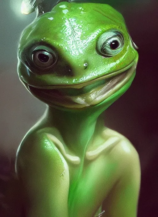 Image similar to portrait of my ethereal waifu cute innocent green slimy alien female froggy lady, ana de armas, with adorable uwu eyes painted by greg rutkowski, wlop, 7 0 s scifi