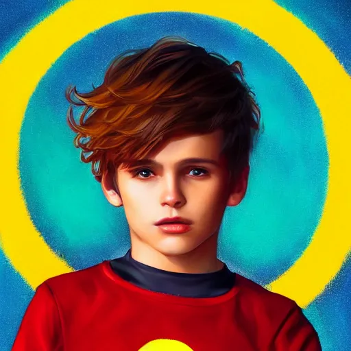 Image similar to colorful and festive captivating young child boy, brown fluffy hair, wearing red and yellow hero suit, doing the peace symbol with his hand. full body, rich vivid colors, ambient lighting, dynamic lighting, 4 k, atmospheric lighting, painted, intricate, highly detailed by charlie bowater