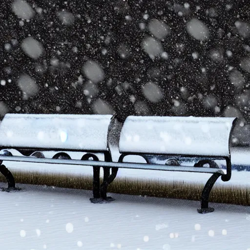 Image similar to a park bench under falling snowflakes, trending on artstation