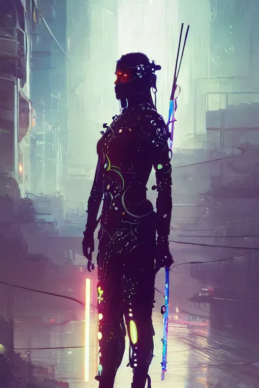 Image similar to horizon zero down, cyberpunk futuristic neon. fencing, long sword in her hand, decorated with traditional japanese ornaments by ismail inceoglu dragan bibin hans thoma greg rutkowski alexandros pyromallis nekro rene maritte illustrated, perfect face, fine details, realistic shaded, fine - face, pretty face, masterpiece