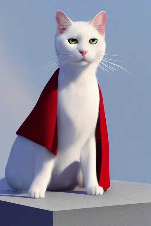 Image similar to a white cat with blue eyes wearing a red formal overcoat, hyperrealistic, concept art, octane render, unreal engine 5, realistic and defined face, profile picture, digital art, pixar and disney style, symmetrical, high quality, highly detailed, high coherence, path traced, house background, low contrast, beautiful, elegant clothes