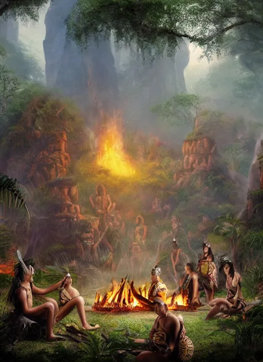 Prompt: a beautiful matte painting of an indigenous tribe around a fire in the jungle, fantasy art, matte painting