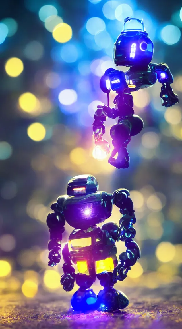 Prompt: tiny robot in the dark, hrd, hyperrealistic, hyper detailed, tiny, lights, bokeh, yellow, purple, blue,