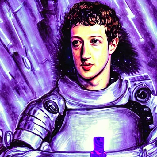 Image similar to Cyberpunk Mark Zuckerberg as a long haired medieval pilot wearing a transparent helmet while holding a purple lightsaber inside a medieval spaceship, by Diego Velázquez