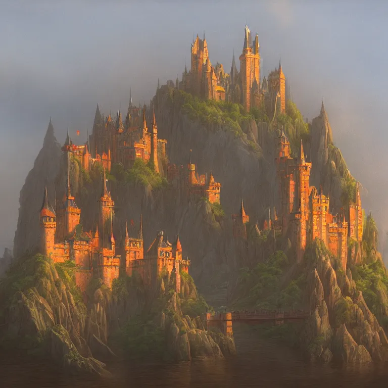 Prompt: large castle with towers by Wayne Barlow and catapults at dawn heading to the iceberg, highly detailed, painted by Wayne Barlow, Frank Lloyd Wright, trending on artstation