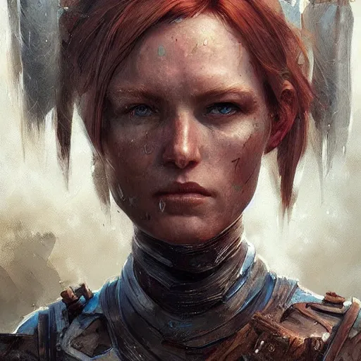 Prompt: a rustic woman wearing futuristic armor, detailed face, redhead, by greg rutkowski, mandy jurgens