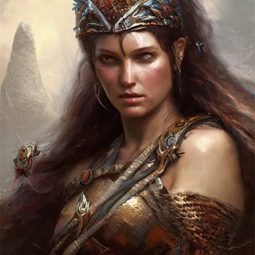 Image similar to a fiercey warrior princess in scale mail, fantasy character portrait by greg rutkowski, gaston bussiere, craig mullins