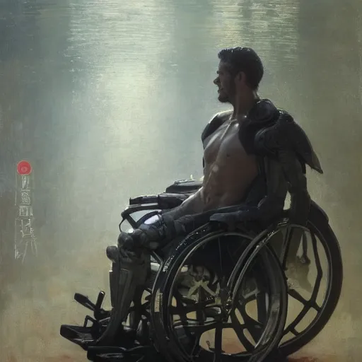 Image similar to handsome portrait of a wheelchair guy fitness posing, radiant light, caustics, war hero, smooth, one legged amputee, reflective water koi pond, ghost in the shell, lush garden surroundings, by gaston bussiere, bayard wu, greg rutkowski, giger, maxim verehin