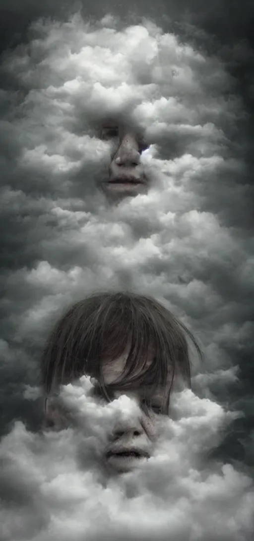 Prompt: human faces trapped in clouds, scary, horror, weird, surreal