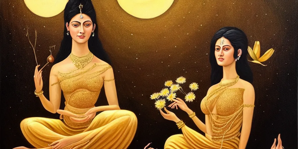 Prompt: very realistic beautiful painting of a goddess with short black hair with golden details in it wearing a long metallic golden skirt covering her whole body holding flowers and levitating a pear, sun on the left moon on the right as she is sitting on a rock at night time, hyper realistic 8K HD, highly detailed