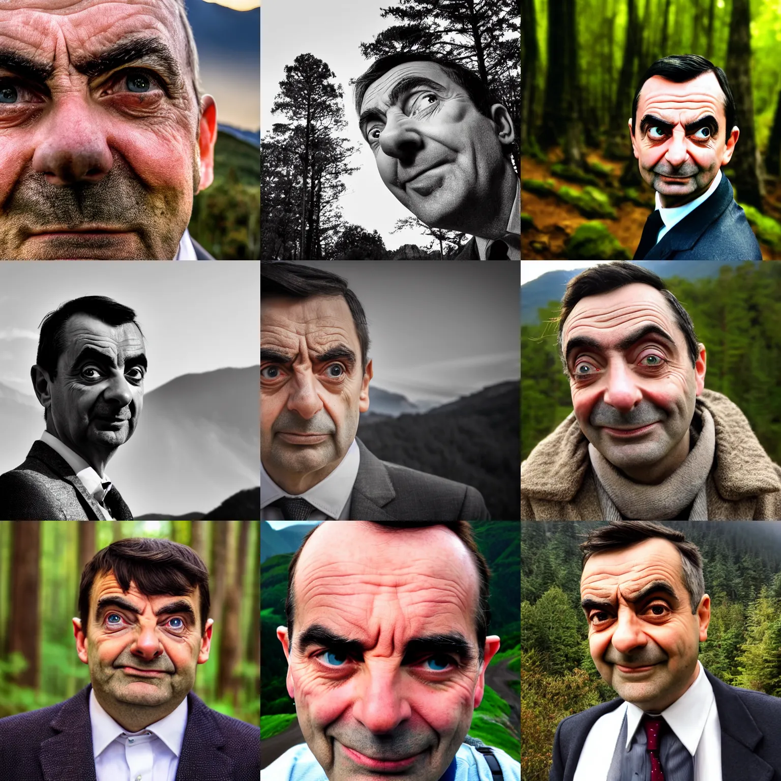 Prompt: up close portrait of mr bean, face, gorgeous lighting, dramatic lighting and composition, award winning photograph, mountain forest in background