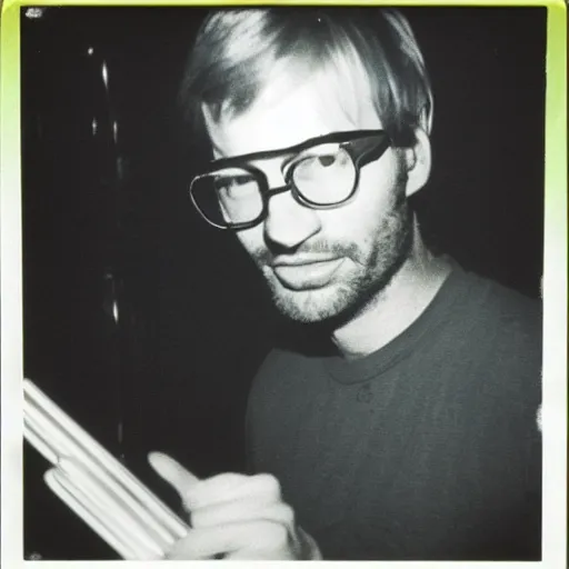 Image similar to jeffrey dahmer in a nightclub with glowsticks, late 7 0 s polaroid photo