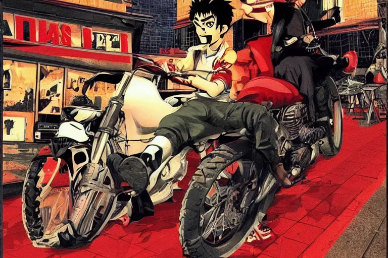 Image similar to italian pizza, akira's motorcycle, gorillaz, poster, high quality