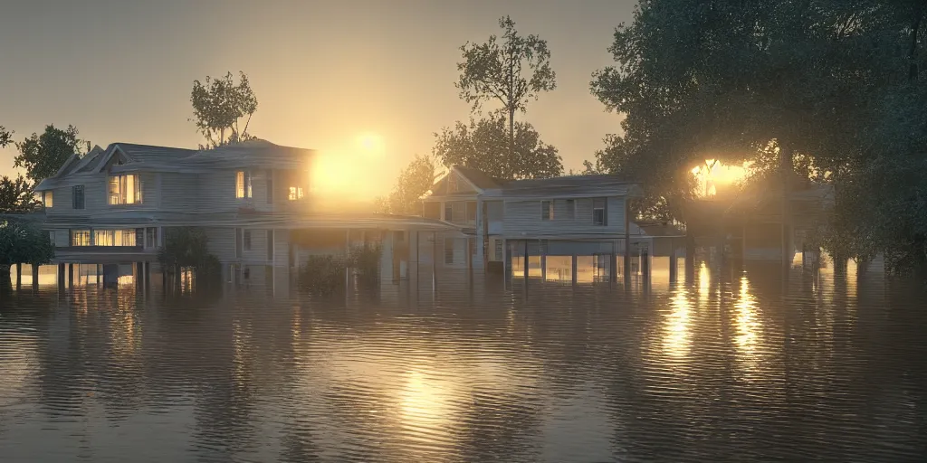 Prompt: my dream of flooded 1 9 5 0 s suburban house, golden hour, harsh lighting, featured on artstation