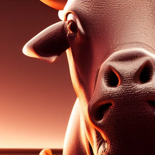Image similar to a bull android modeled after a bull looking into the camera, android, cyborg, half body, intricate, 3 d, hyper realism, fantasy, depth of field, octane render, symmetrical, highly detailed, digital art, artstation, concept art, cinematic lighting, trending