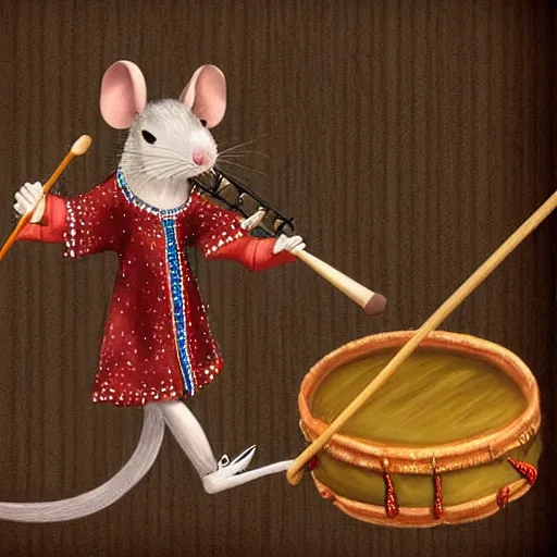 Image similar to mouse with drum, musician dress, fantasy forrest background, digital art, close up