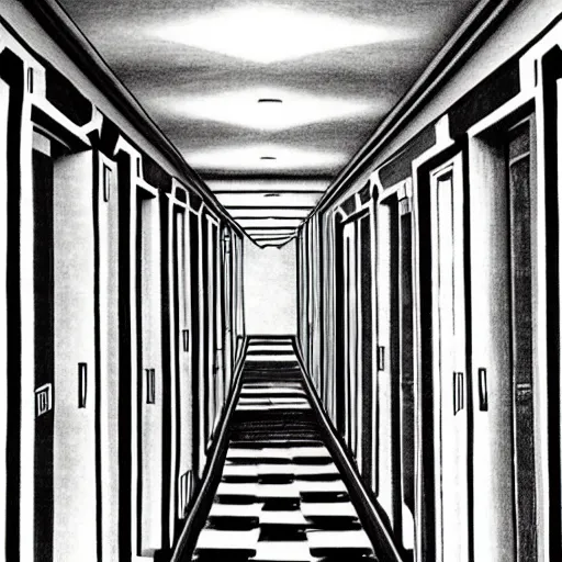 Prompt: high school hallways, mc escher painting