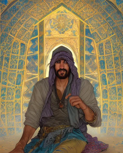 Image similar to male bedouin in the desert worshipping in the mosque, highly detailed, gold filigree, romantic storybook fantasy, soft cinematic lighting, award, disney concept art watercolor illustration by mandy jurgens and alphonse mucha and alena aenami, pastel color palette, featured on artstation