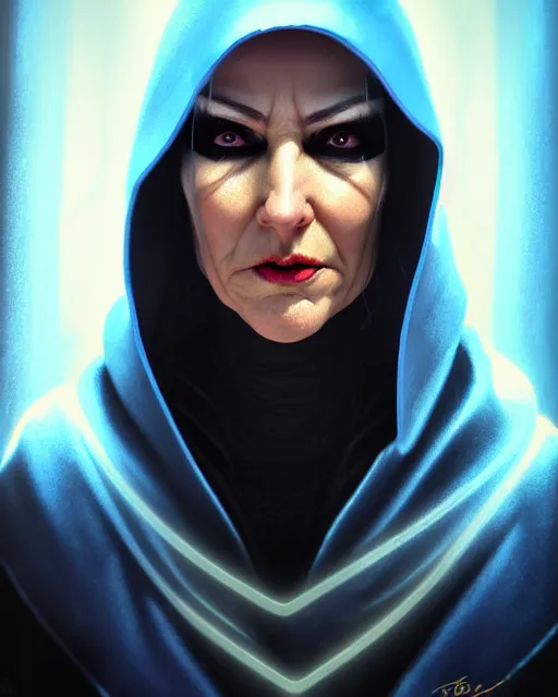 Image similar to ana from overwatch, blue hooded cloak, eye patch, black eye patch over one eye, older woman, character portrait, portrait, close up, highly detailed, intricate detail, amazing detail, sharp focus, vintage fantasy art, vintage sci - fi art, radiant light, caustics, by boris vallejo