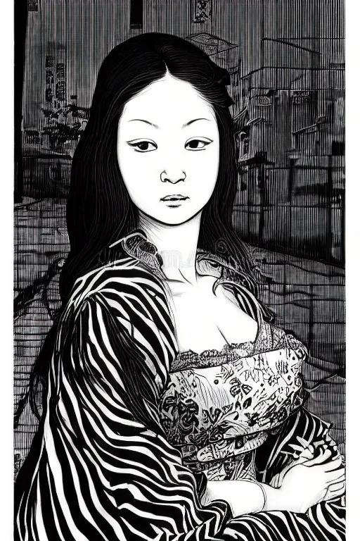 Image similar to beautiful portrait of a woman, negative no not mona lisa pose, highly detailed ink illustration of a dark alley of taipei, b & w clean shaped illustration by kim jung gi, ric estrada, ron english and eiichiro oda