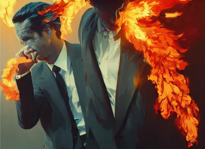 Prompt: a man wearing a suit, but his head is made of fiery plumes of smoke and sparks, fantasy, cinematic, fine details by realistic shaded lighting poster by ilya kuvshinov katsuhiro otomo, magali villeneuve, artgerm, jeremy lipkin and michael garmash and rob rey