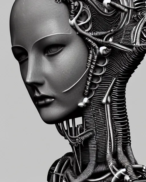 Image similar to mythical black and white organic bio-mechanical spinal ribbed profile face portrait detail of mechanical beautiful female angelic-vegetal-cyborg, highly detailed, intricate steampunk ornate, poetic, 3D render, digital art, octane render, 8K artistic photography, photo-realistic, by Dora Maar