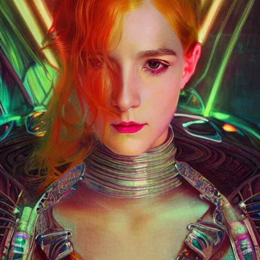 Image similar to a highly detailed portrait of a futuristic blade runner princess, neon colored dress, beautiful detail and color, art by john collier and albert aublet and krenz cushart and artem demura and alphonse mucha, volumetric lighting, octane render, 4 k resolution, matte, sharp focus, illustration, art by jacque - louis david, baroque style