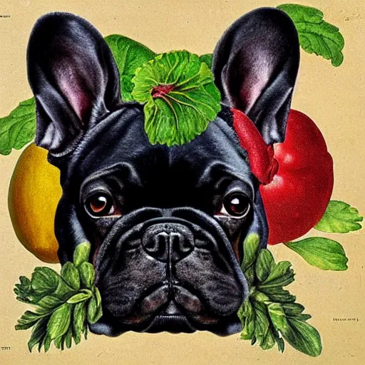 Prompt: black french bulldog made of fruits and vegetables by giuseppe arcimboldo